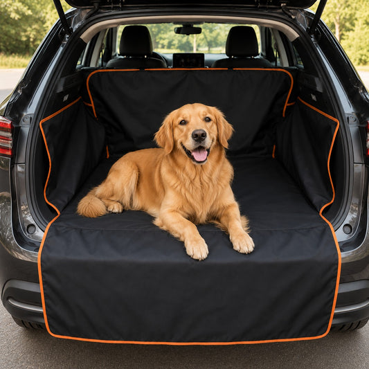 Golden retriever sitting on waterproof car trunk mat, orange edge