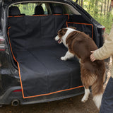 Dog jumping into car trunk with waterproof mat, orange edge