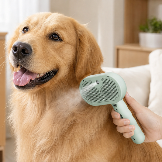 Golden retriever being groomed with the 4-in-1 steam pet grooming brush