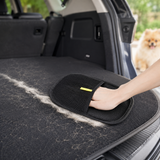 Removing pet hair from a car trunk with the glove, dog waiting outside